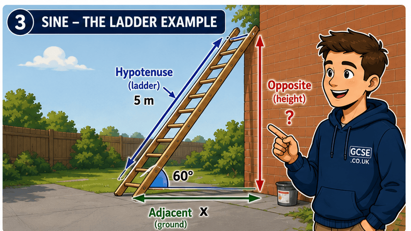 A ladder leaning safely against a wall, forming a right-angled triangle.
