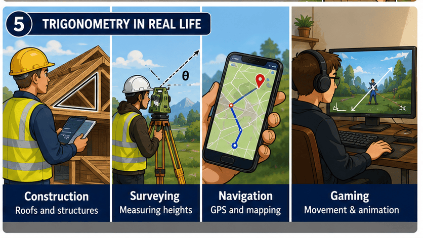 Four-panel-illustration with Builder on roof, Surveyor measuring building, Mobile phone GPS navigation and a Game developer working at computer.