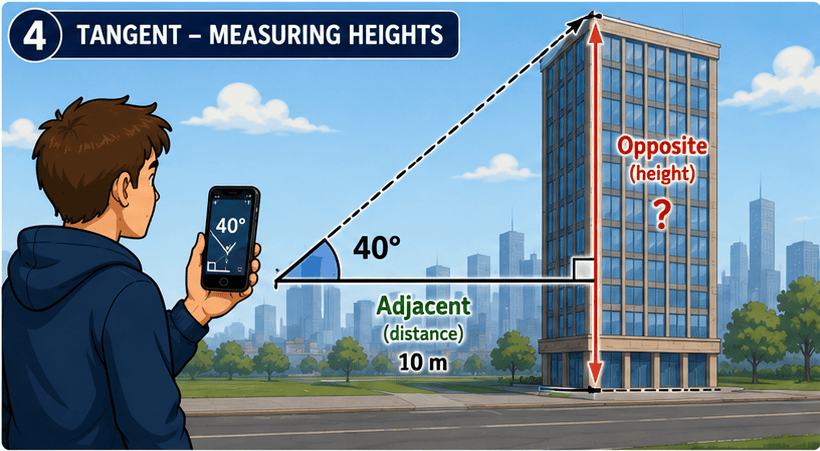 Student standing a known distance from a tall building, using a phone with an angle-measuring app.